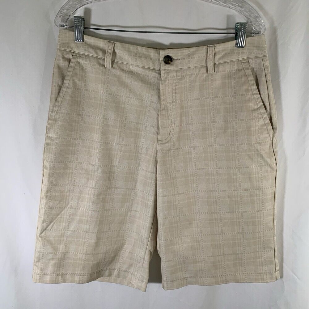 ADIDAS Golf Shorts Men's 32 Beige Plaid Climalite 11" Inseam Polyester